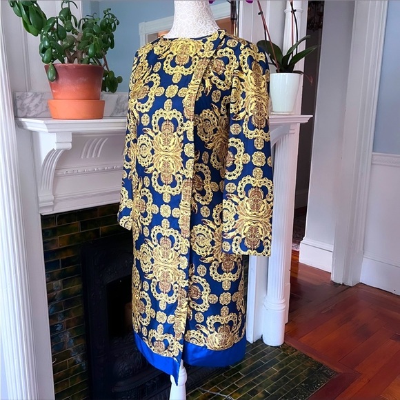 VINTAGE TIBI 100% Silk Blue & Gold Medallion Print Button Up Shift Dress Size 4 - Picture 3 of 15